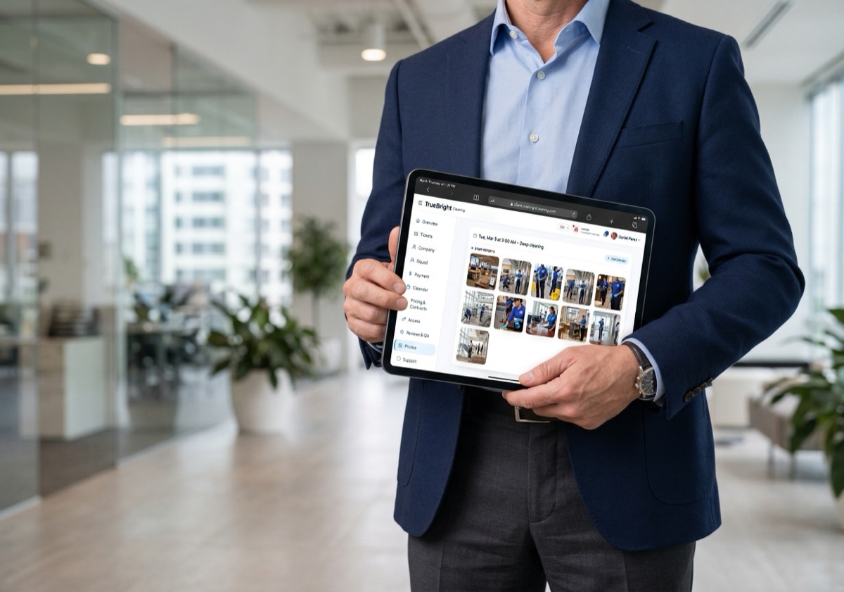 Office manager reviewing TrueBright's Visual Verification portal on a tablet — real-time photo evidence of completed cleaning work